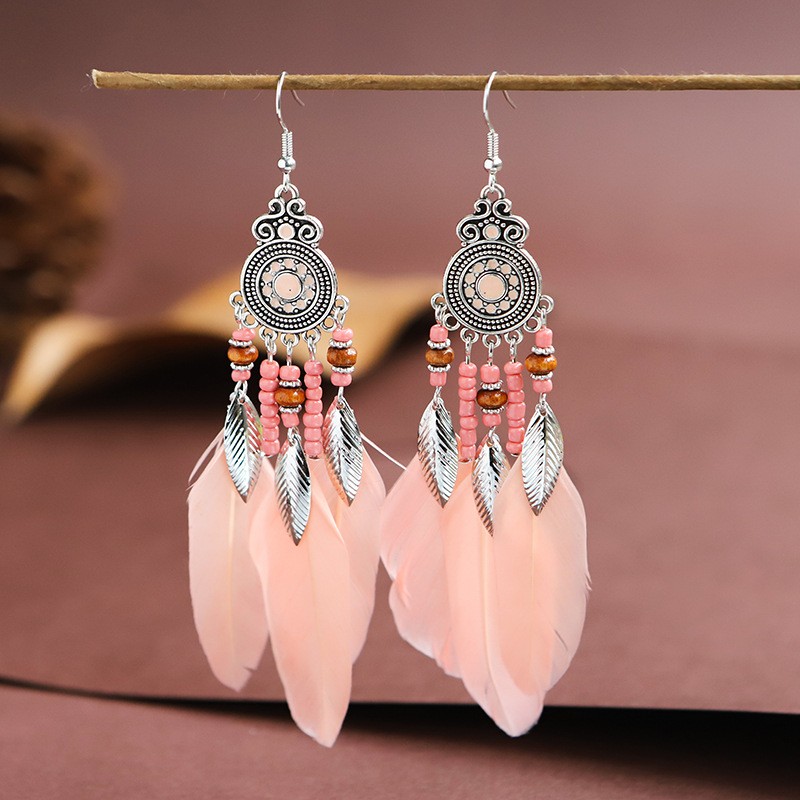 Feather Earrings Round Drop Oil Craft Earrings Retro