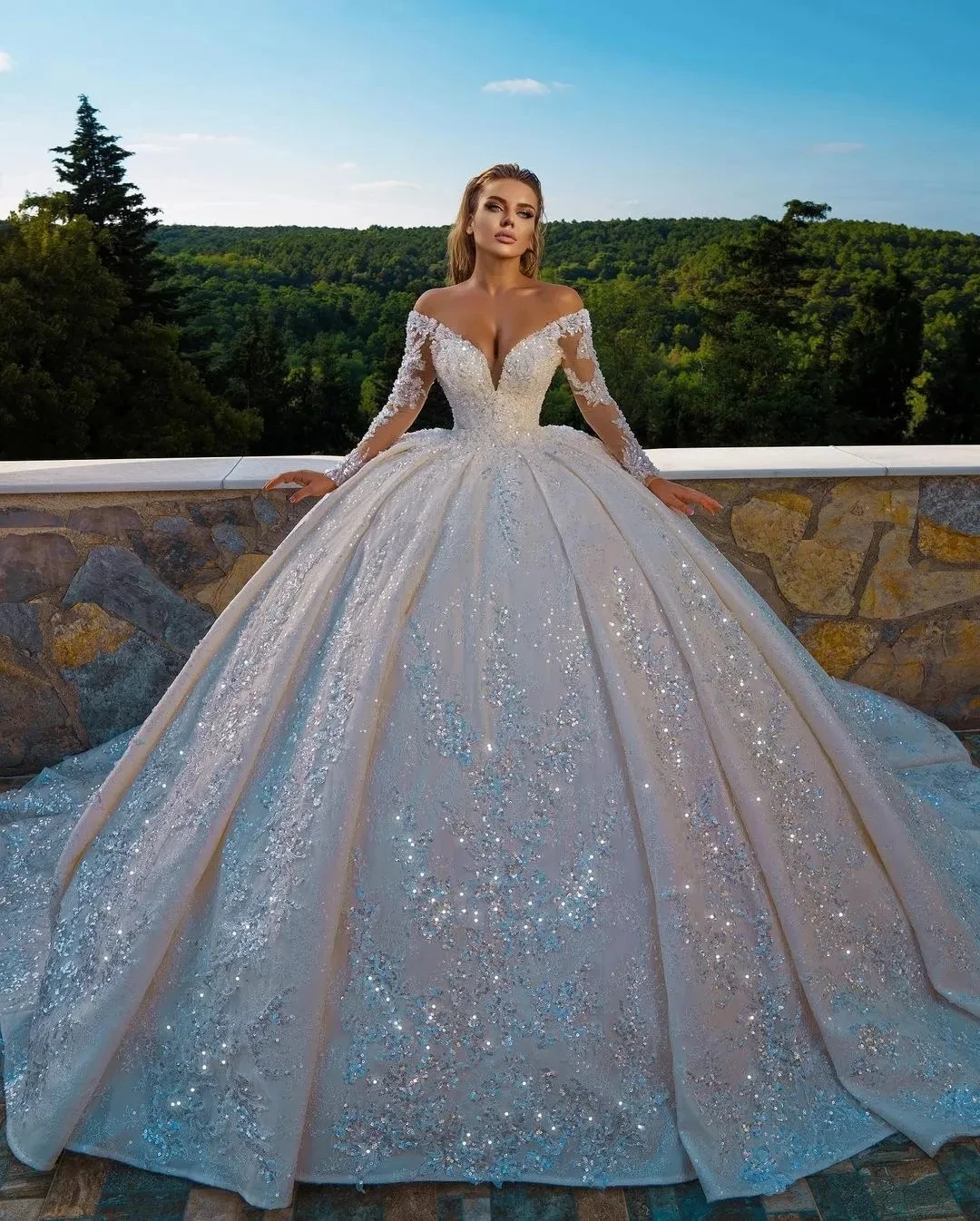Long Sleeve Silver Sequin Gown