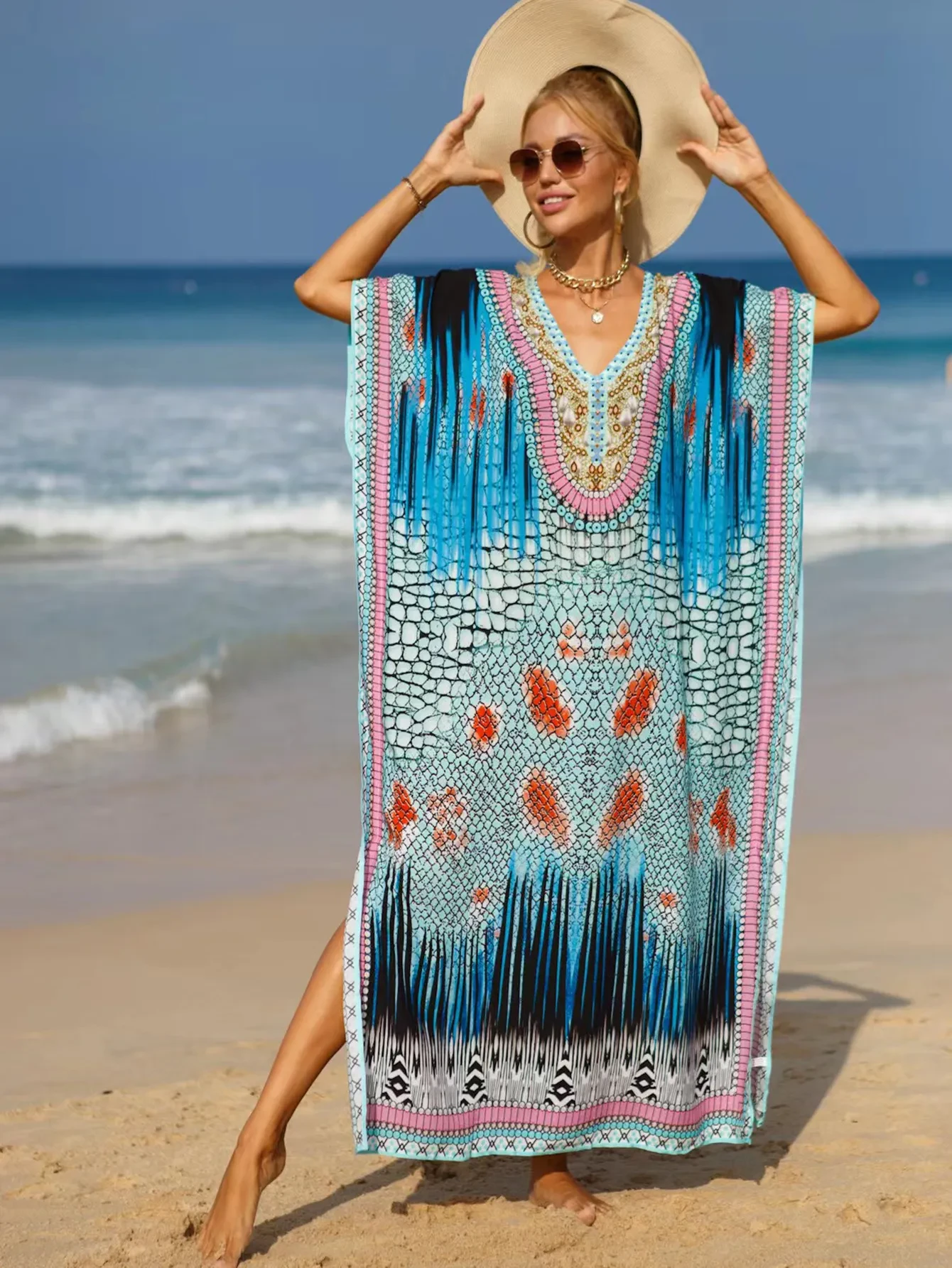 Bohemian Beach Cover Up Dress For Women - Flowy Long Maxi Dress, Lightweight Cotton Blend, Plus Size Available