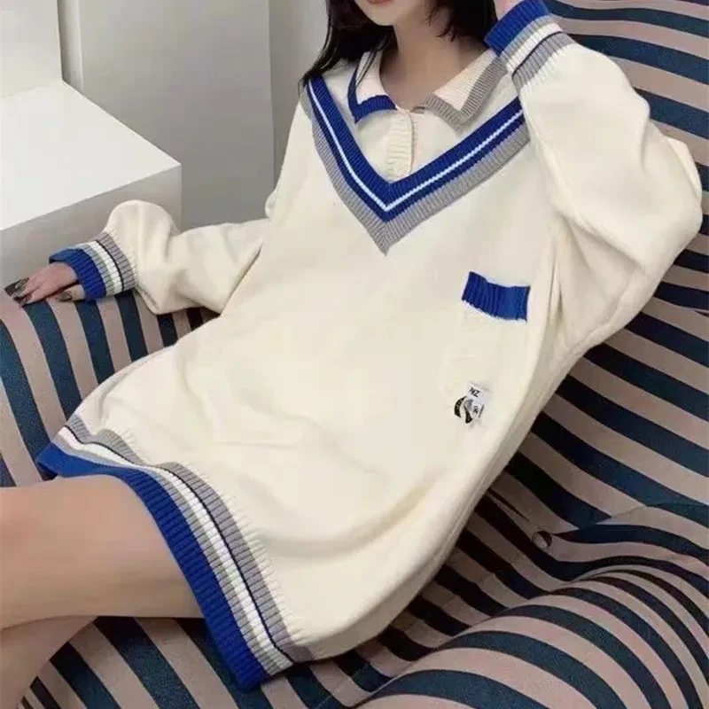 Fake Two V-neck Knits Preppy Long-sleeved Tops