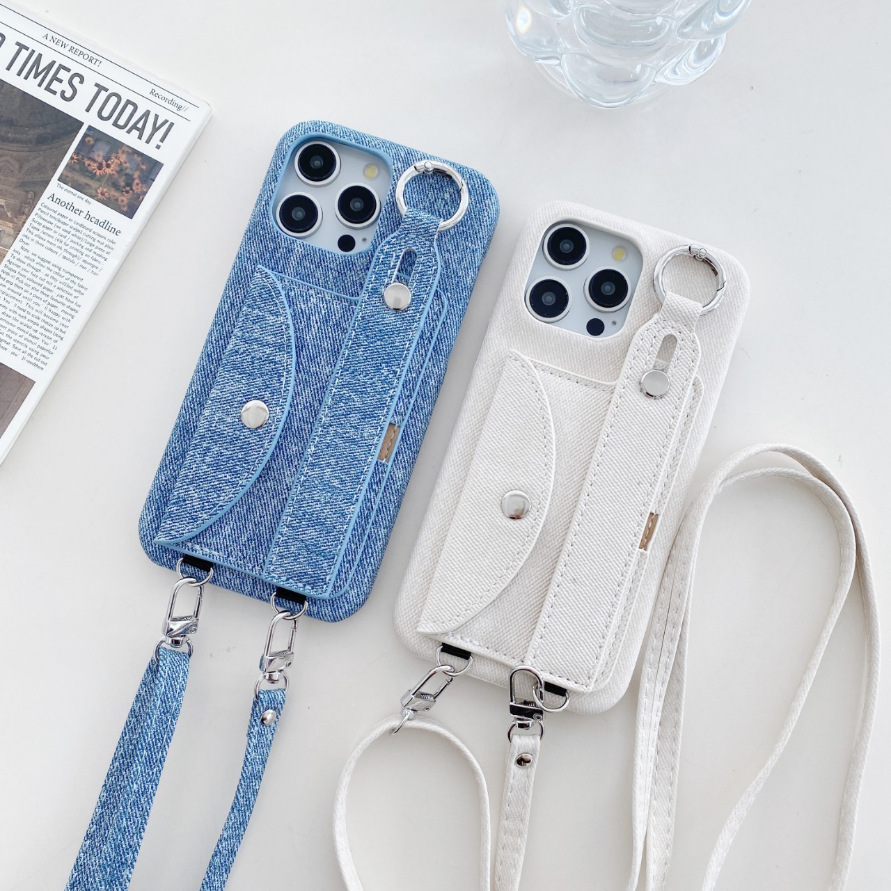Leather Phone Case Iphone15 Denim Pattern Wrist Strap