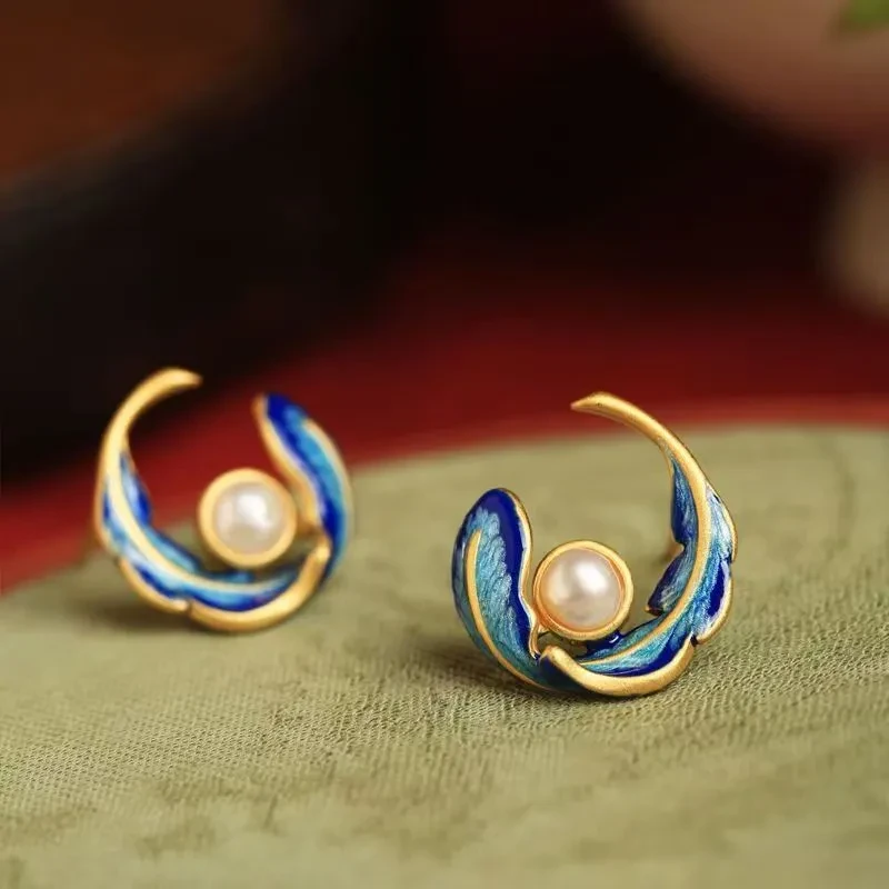 Blue Feather Enamel Stud Earrings Alloy