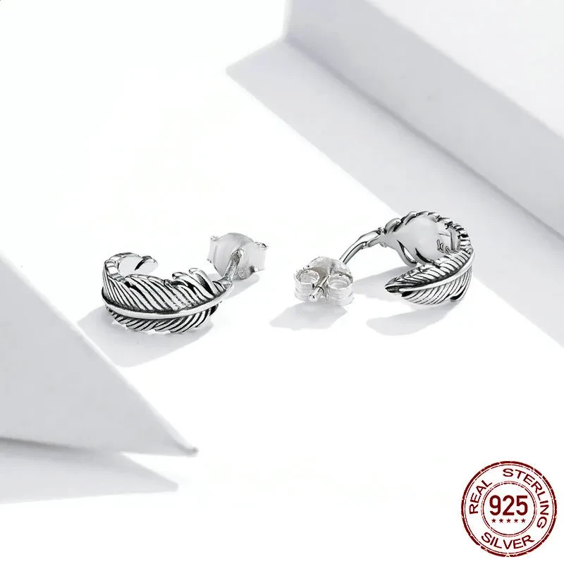 Simple line feather S925 silver earrings
