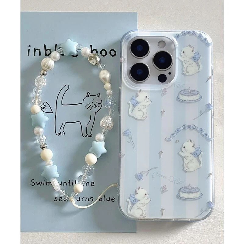 Applicable Mobile Phone Blue And White Striped Cat Lanyard Protective Cover