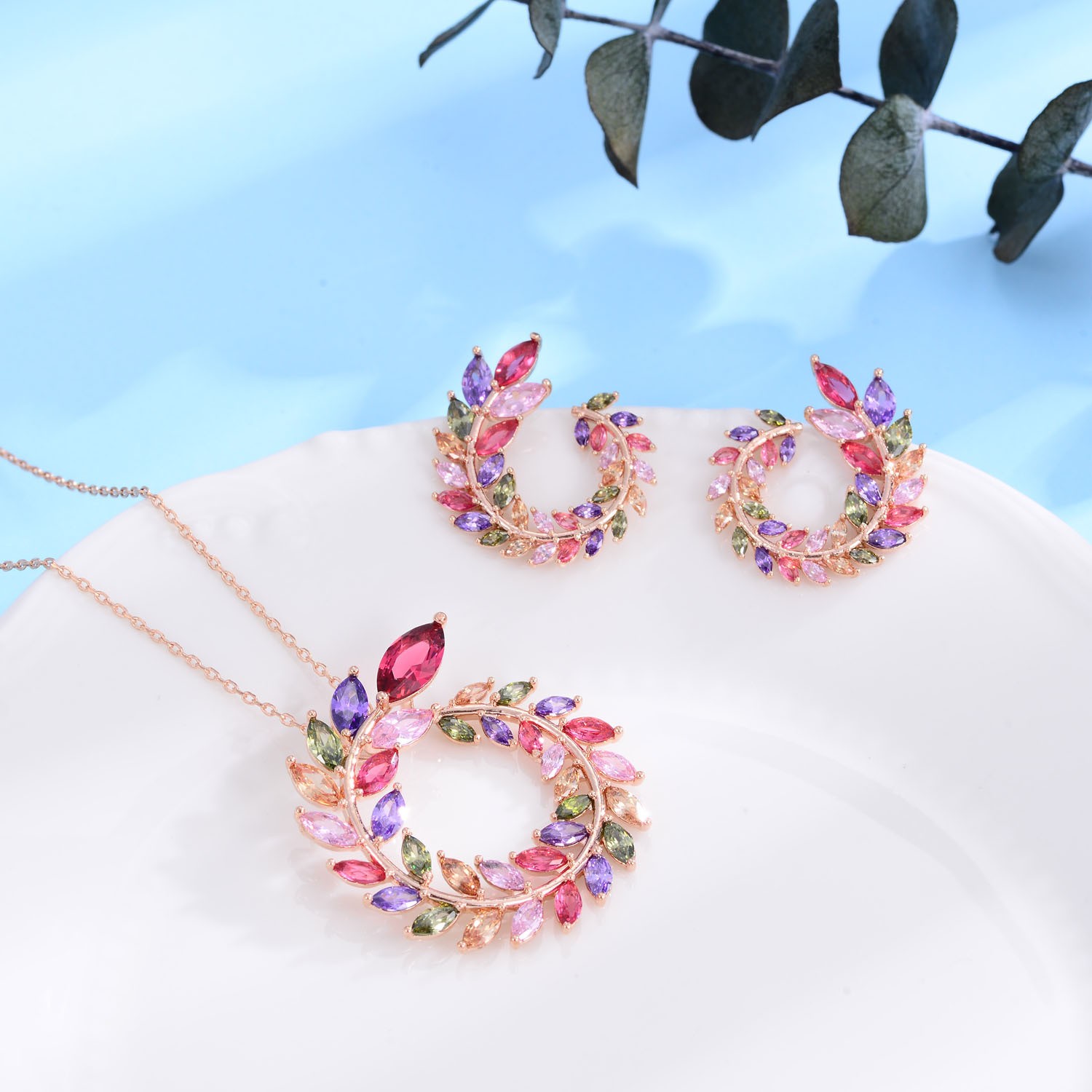 18K Real Gold Handmade Inlaid Colorful Garland Shape Earrings