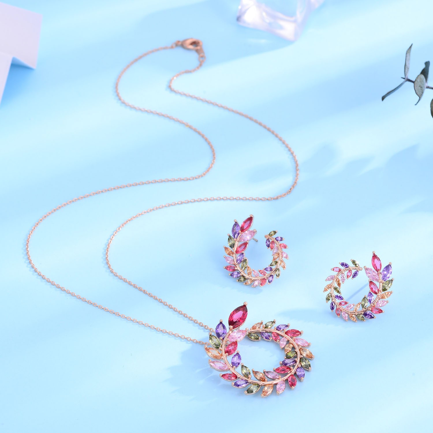 18K Real Gold Handmade Inlaid Colorful Garland Shape Earrings
