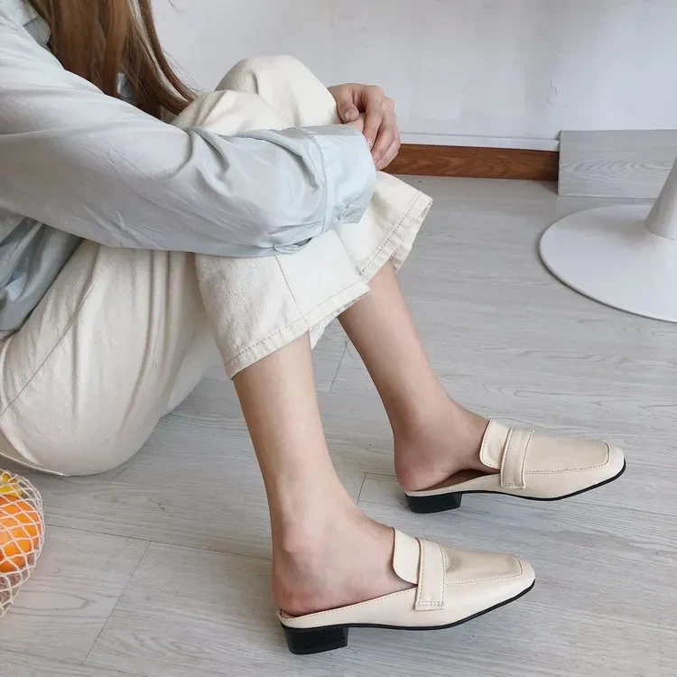 Womens Flats Shoes Mules Slippers Cover Toe Loafers Pu