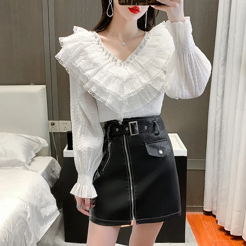 Design Sense Niche Bubble Long-sleeved Lace Stitching Ruffled Shirt Tide