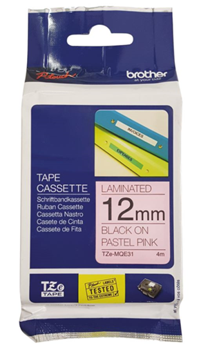 Brother TZe-MQE31 12mm x 4m Black on Pastel Pink Tape