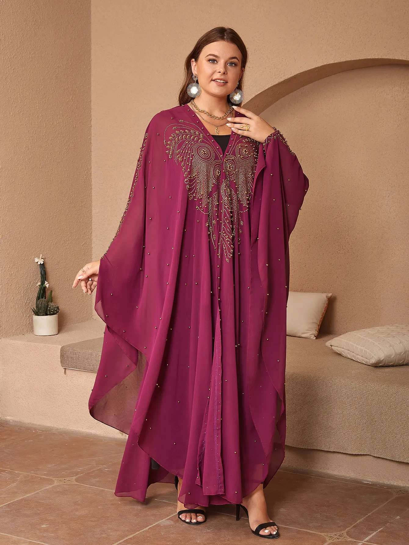 Muslim Style Rhinestone Beaded High Density Chiffon Cape And Shawl