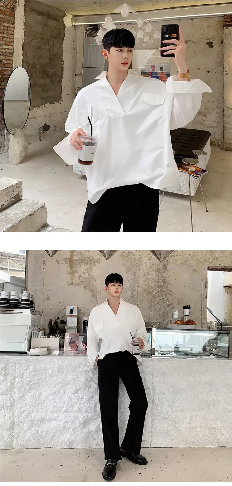 Men Long Sleeve Loose Casual White Shirts