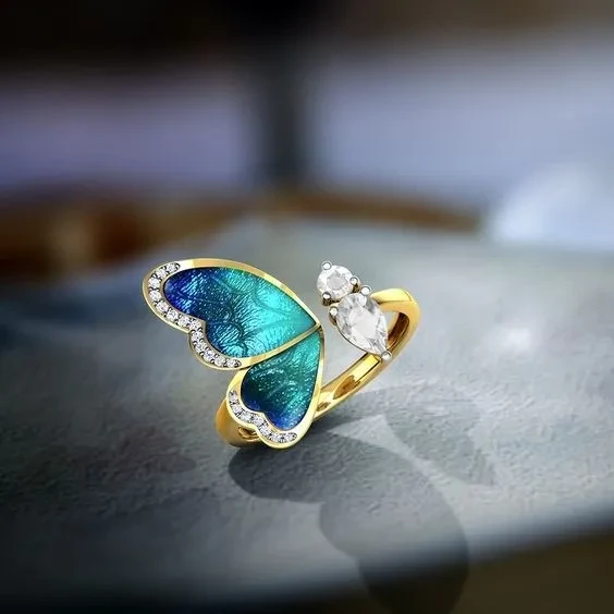 Crystal Teal Butterfly Ring