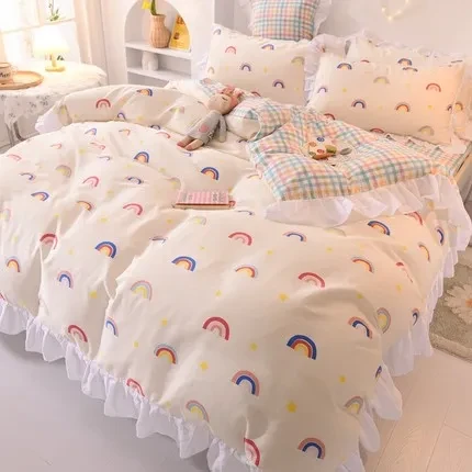 Ins Fashion Solid Cotton Bedding Set with Fitted Bed Sheet