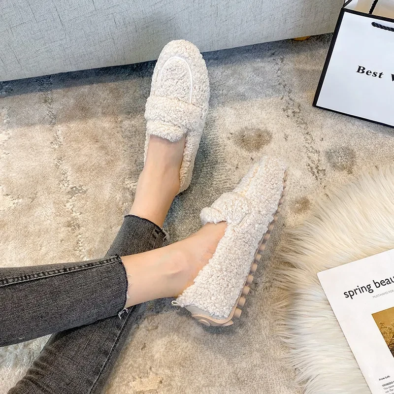 Winter Plush Flats Shoes Ins Fashion Slip On Loafers Women's Warm Peas Shoes