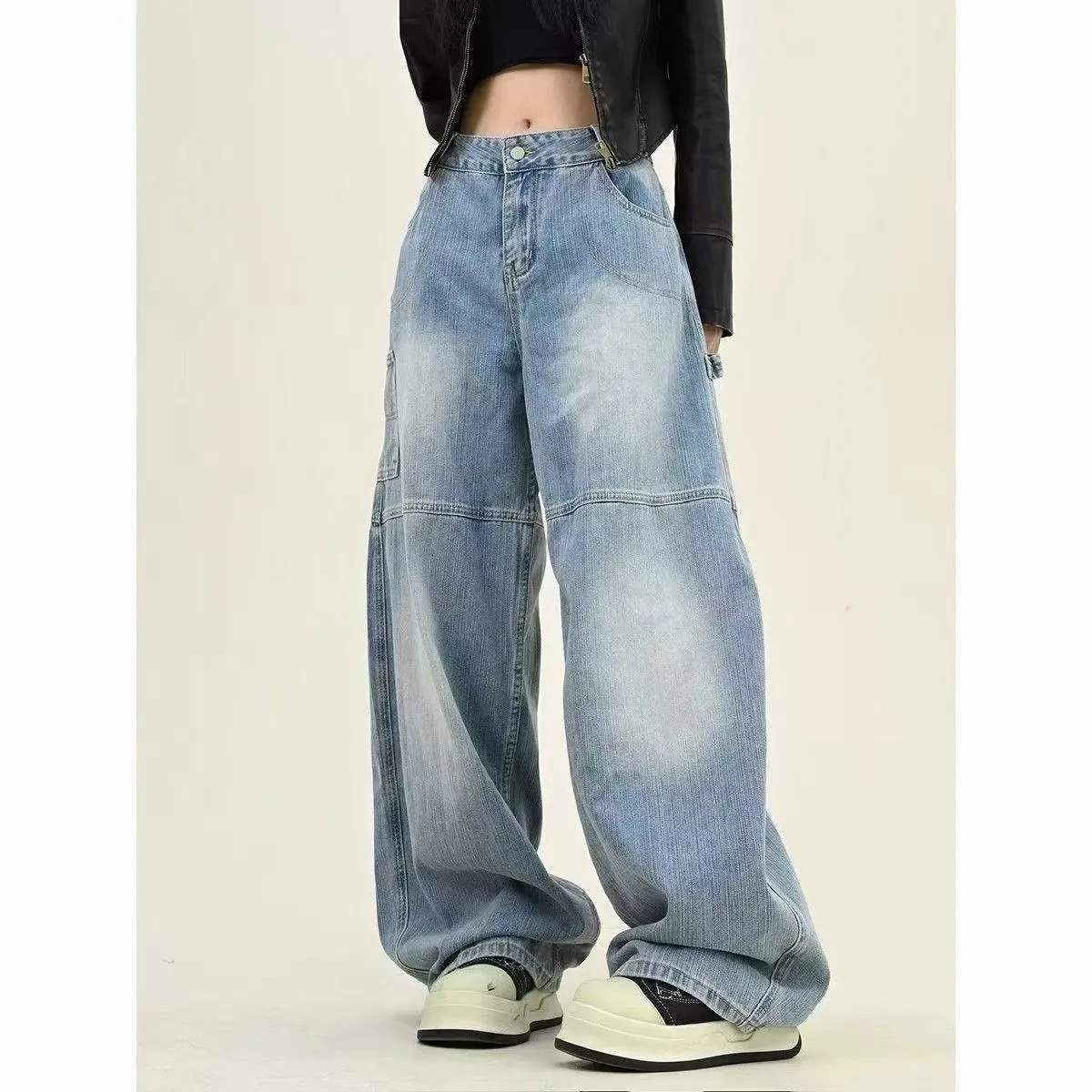 Washed Wide-leg Overalls Casual Straight-leg Long Pants American High Street Printed Jeans For Women