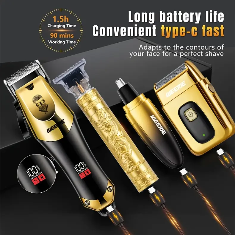 WEEME 4pcs Mens Golden Electric Hairdresser Set  Ultimate Household Grooming Kit for Beards, Hair, and More