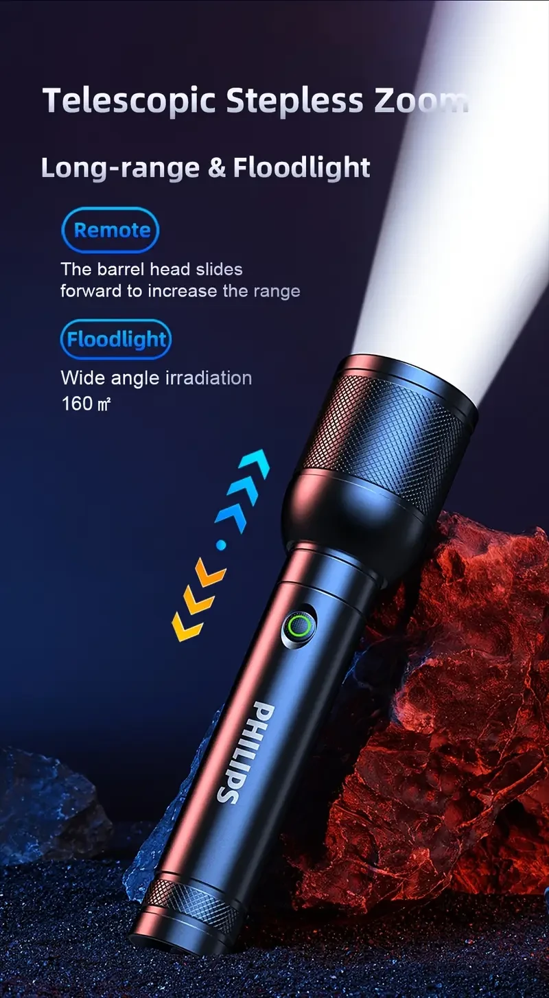 PHILIPS Enhanced Super Bright Flashlight Zoomable Long-Range Rechargeable LED Torch