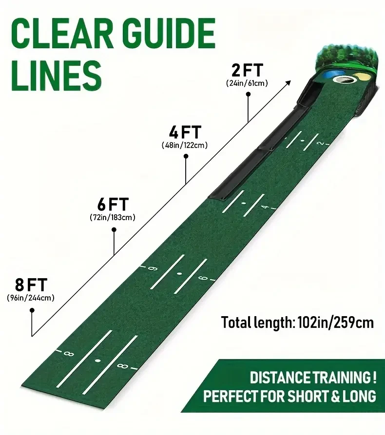 HUAEN 8ft Golf Putting Green  Indoor Practice Mat with 3D Backplate & Ball Return