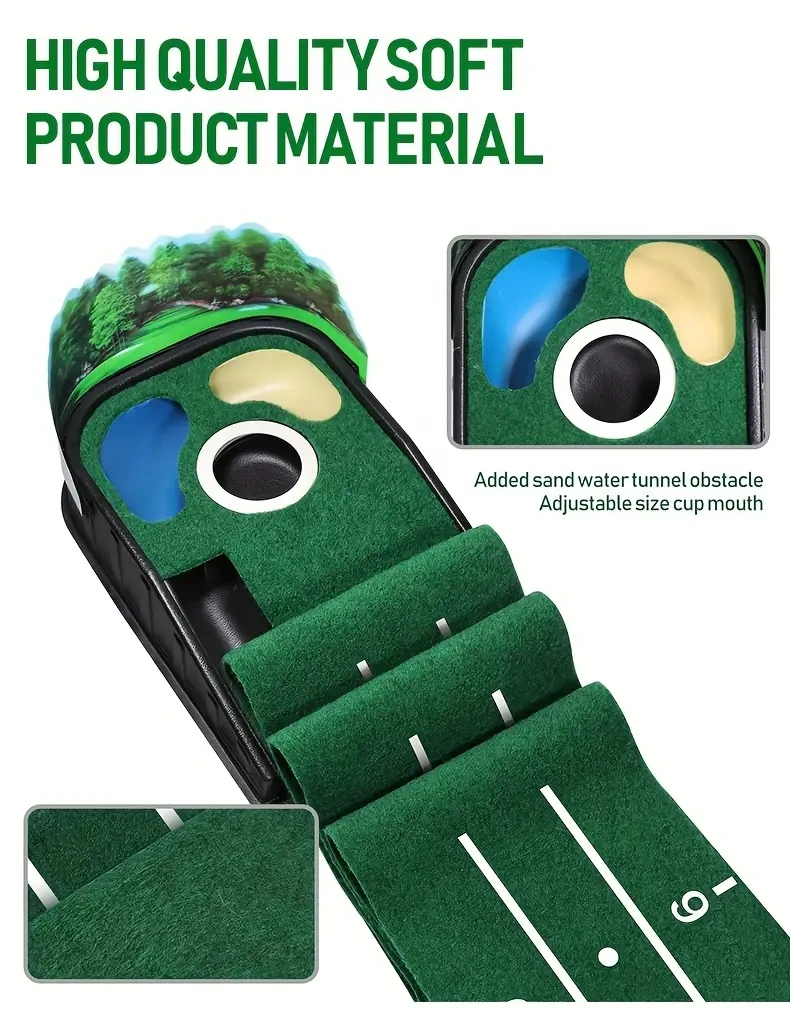HUAEN 8ft Golf Putting Green  Indoor Practice Mat with 3D Backplate & Ball Return
