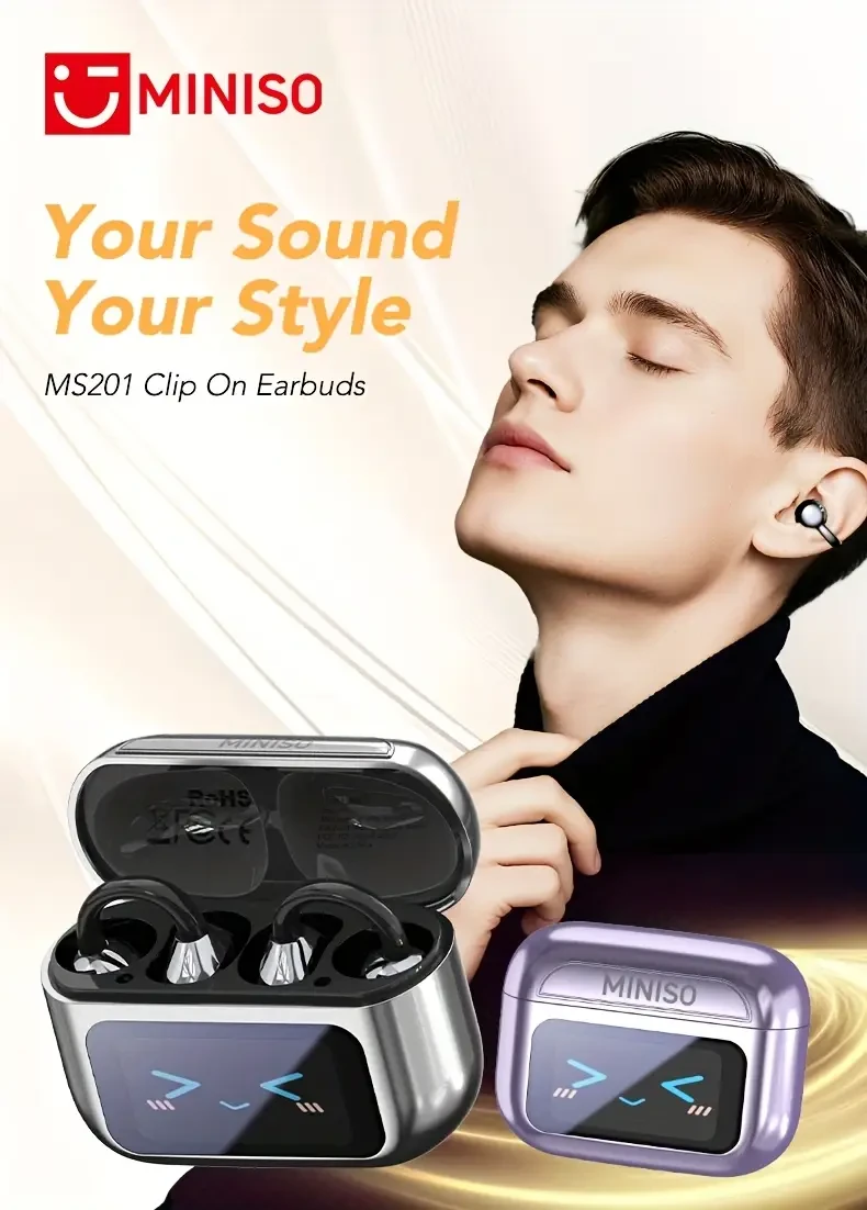MINISO MS201 BT V6.0 Wireless Translator Ear Clip-On Buds 60H Battery, Touchscreen Case & AI Translation