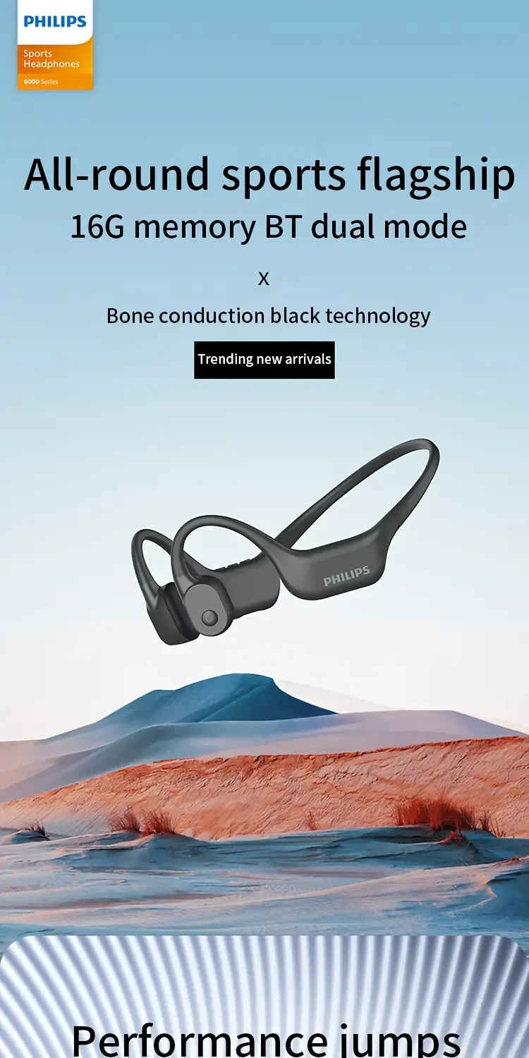 Philips TAA6609 Bone Conduction Wireless Headphones Open-Ear Design with 16GB Memory & Dual-Mode Playback