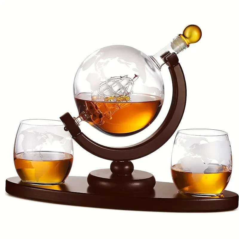 CZHOMMAGIC Whiskey Globe Decanter Set 30oz Crystal Glass Carafe with 2 Etched Glasses (3pcs)