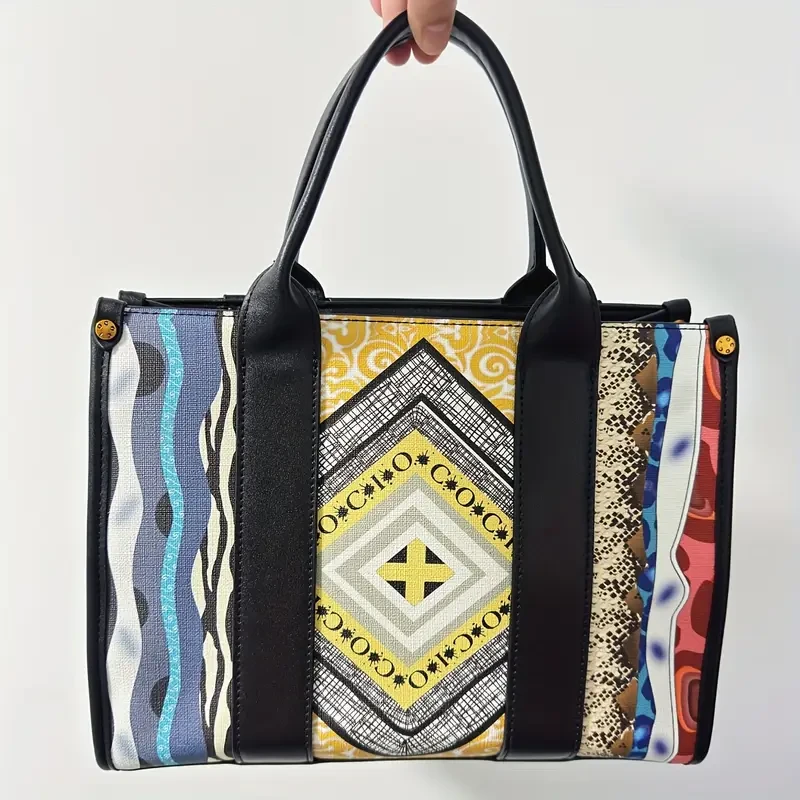 Stylish Bohemian Tote Bag with Detachable Shoulder Strap & Zipper Closure  Black Geometric Print Second-Layer Handbag (Golden-Tone Hardware, Polyester Lining)