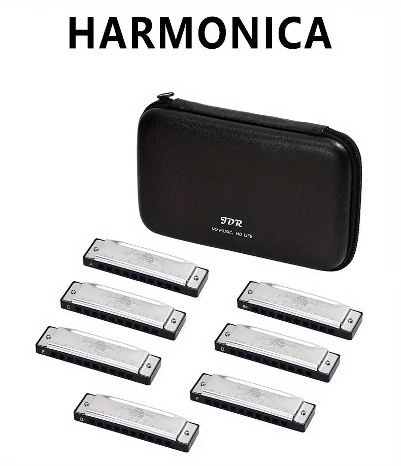 JDR 7-Piece Blues Harmonica Set Keys C, D, E, F, G, A, Bb (10-Hole, 20-Tone) with High-End PU Protective Case