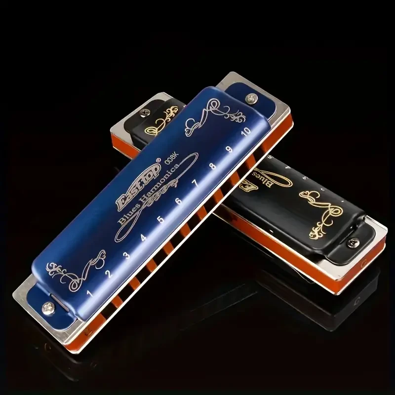 East Top Diatonic Blues Harmonica  10-Hole, Key of C (Polished Metal, Blue) with Protective Case