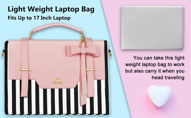 17" Womens Laptop Briefcase Lightweight Crossbody/Shoulder Tote with RFID Pocket (Pink with Black/White Stripe, Gold-Tone Hardware)