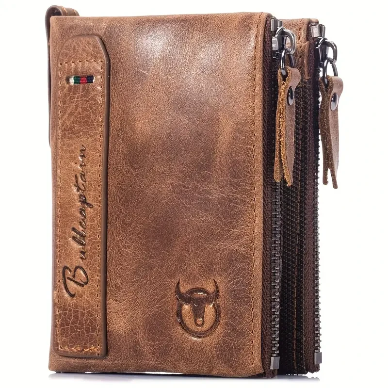 BULLCAPTAIN Mens Genuine Leather Wallet Vintage Animal Pattern with Braided Weave & Ruffle Detailing (Dual Zipper Pockets, Black)