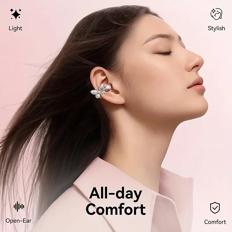 Kinglucky YI121 Wireless Clip-On Headphones  Detachable Gemstone Earrings, Hi-Res EQ Sound, Noise Cancellation, Type-C Charging Elegant tech meets clear wireless audio