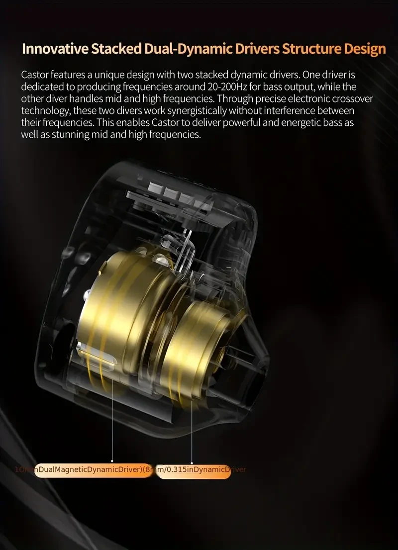 KZ Castor Hi-Fi In-Ear Monitors Dual Dynamic Drivers, Tunable Sound, Detachable Cable (3.5mm Jack)