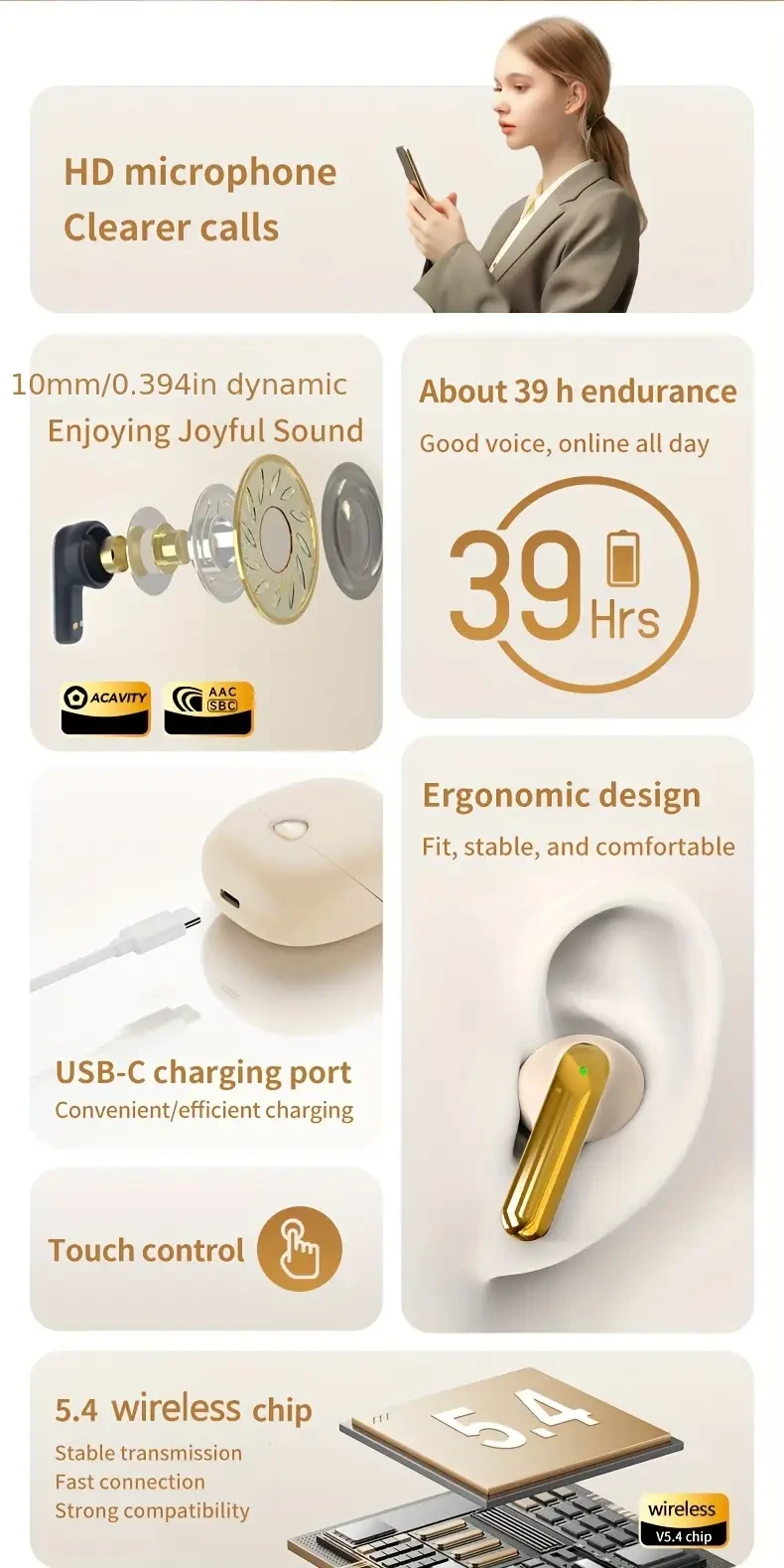 aigo 5.4 Wireless Headphones TWS In-Ear, Sport-Ready, Clear Calls, LED Power Display