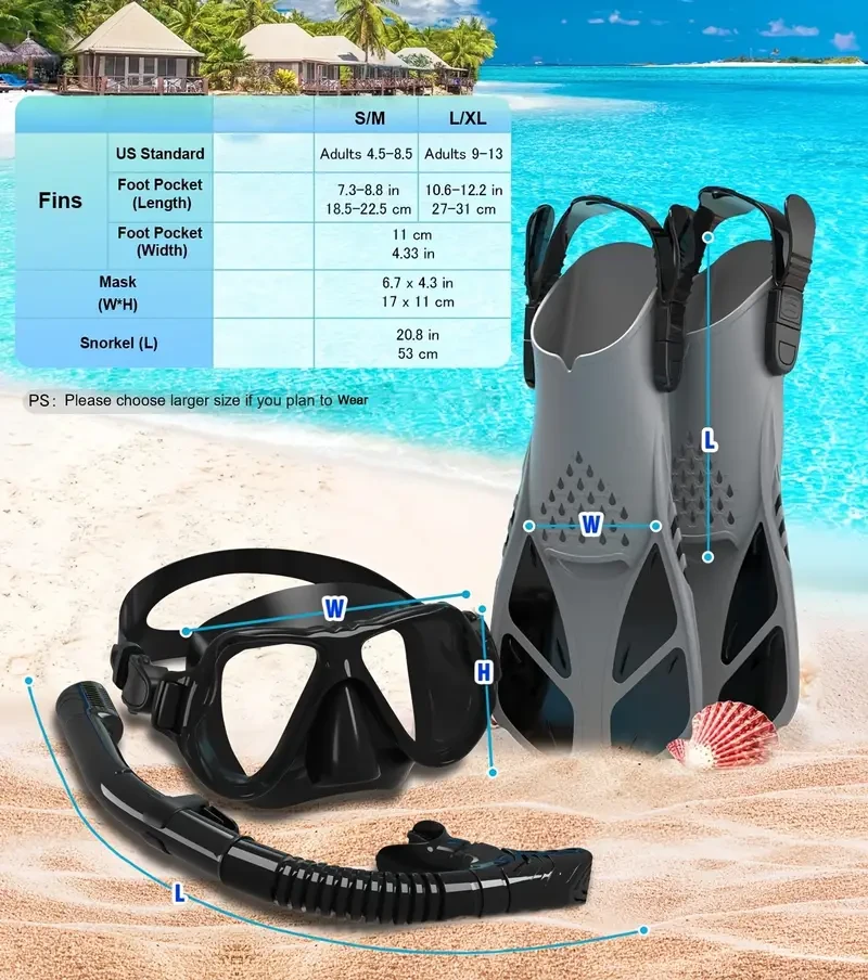 QINGSONG Snorkeling Mask, Fins & Snorkel Set Panoramic View, Anti-Fog, Dry Top, Travel-Ready