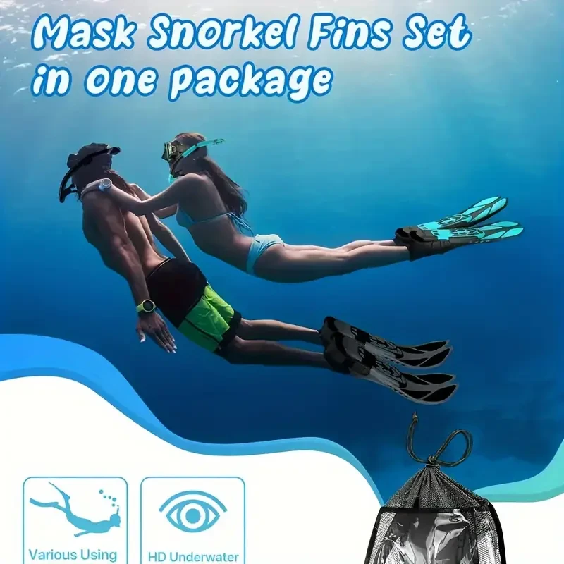 QINGSONG Snorkeling Mask, Fins & Snorkel Set  Panoramic View, Anti-Fog, Dry Top, Travel-Ready