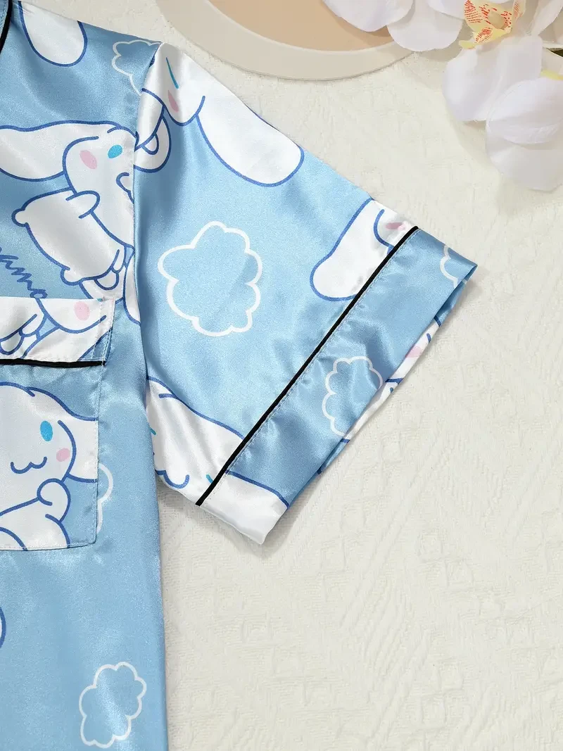 Sanrio Womens Cartoon Pajama Set Big-Eared Dog Short-Sleeve Satin Sleepwear