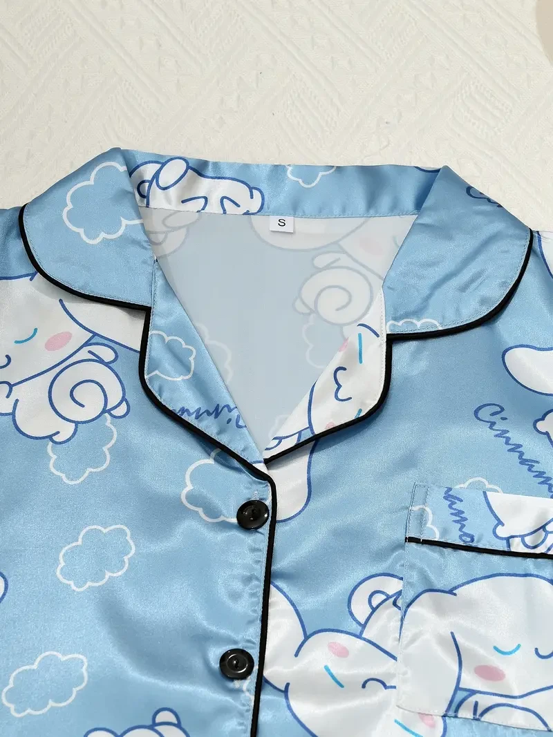 Sanrio Womens Cartoon Pajama Set Big-Eared Dog Short-Sleeve Satin Sleepwear