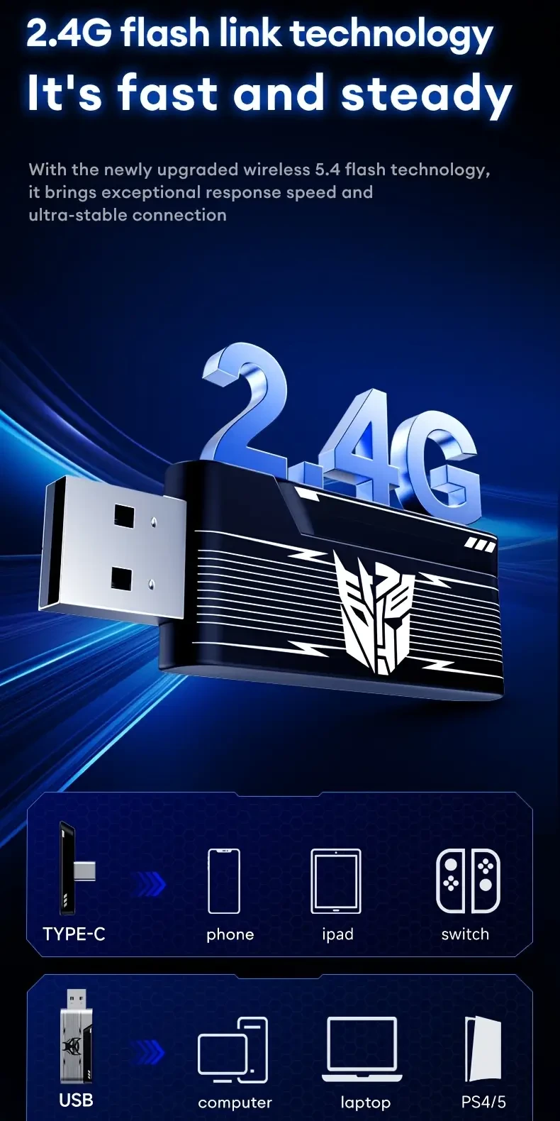 Transformers TF-G10 Gaming Headset 2.4G Wireless, 7.1 Surround & Long Battery Life