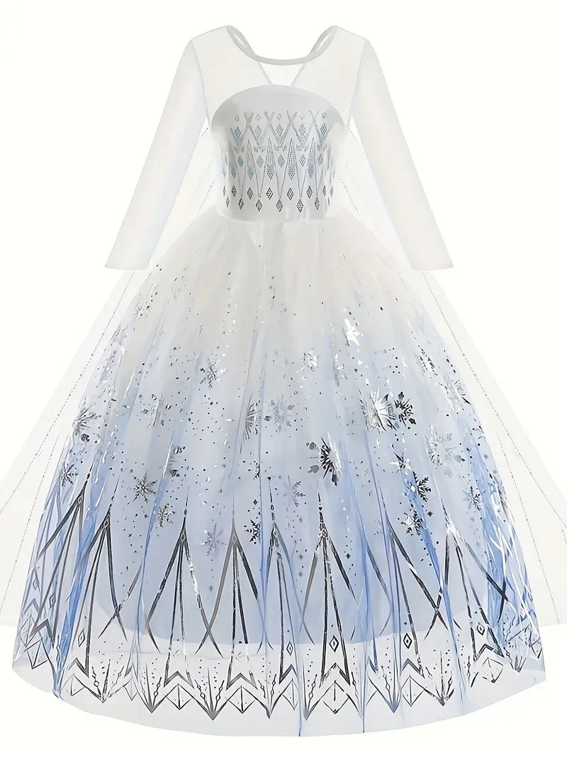 White Ice and Snow Dress for Girls Themed Princess Gown with Long Sleeve Cape for Parties and Carnivals