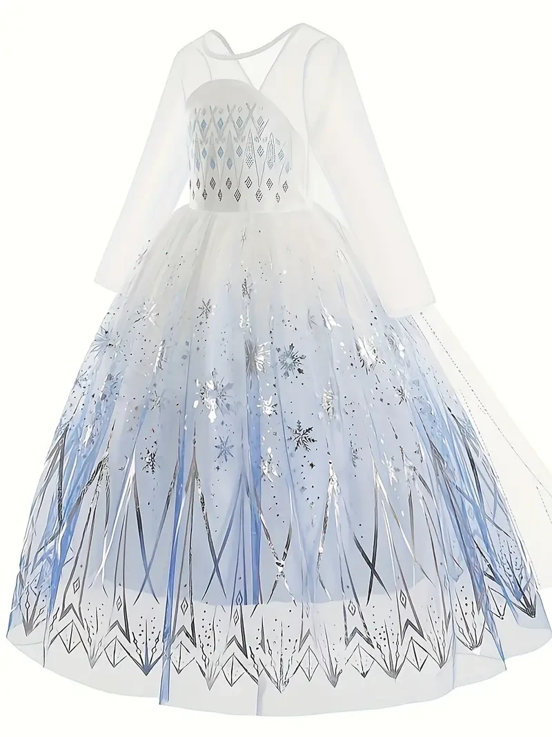 White Ice and Snow Dress for Girls Themed Princess Gown with Long Sleeve Cape for Parties and Carnivals