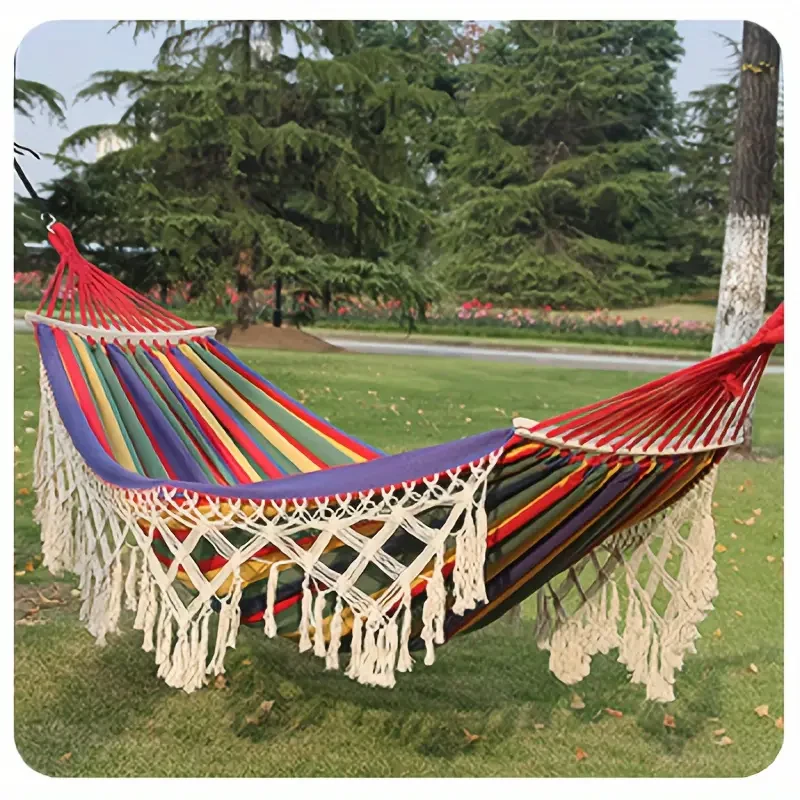 Tusheng Bohemian Style Double Hammock with Tassels  Vibrant Red & White Striped Design for Outdoor Relaxation