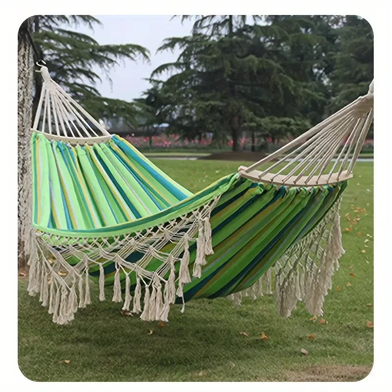 Tusheng Bohemian Style Double Hammock with Tassels Vibrant Red & White Striped Design for Outdoor Relaxation