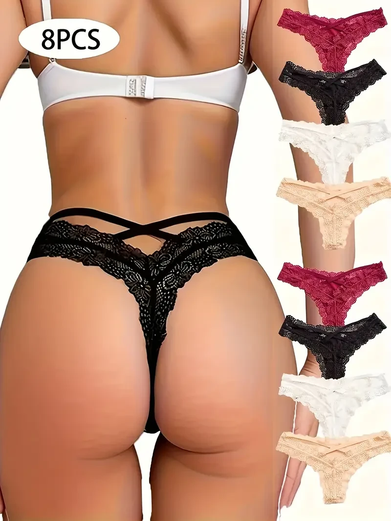 8pcs Women's Stretch Lace Cross Hollow Thongs Soft, Breathable Low-Rise Panties with Bow Accents
