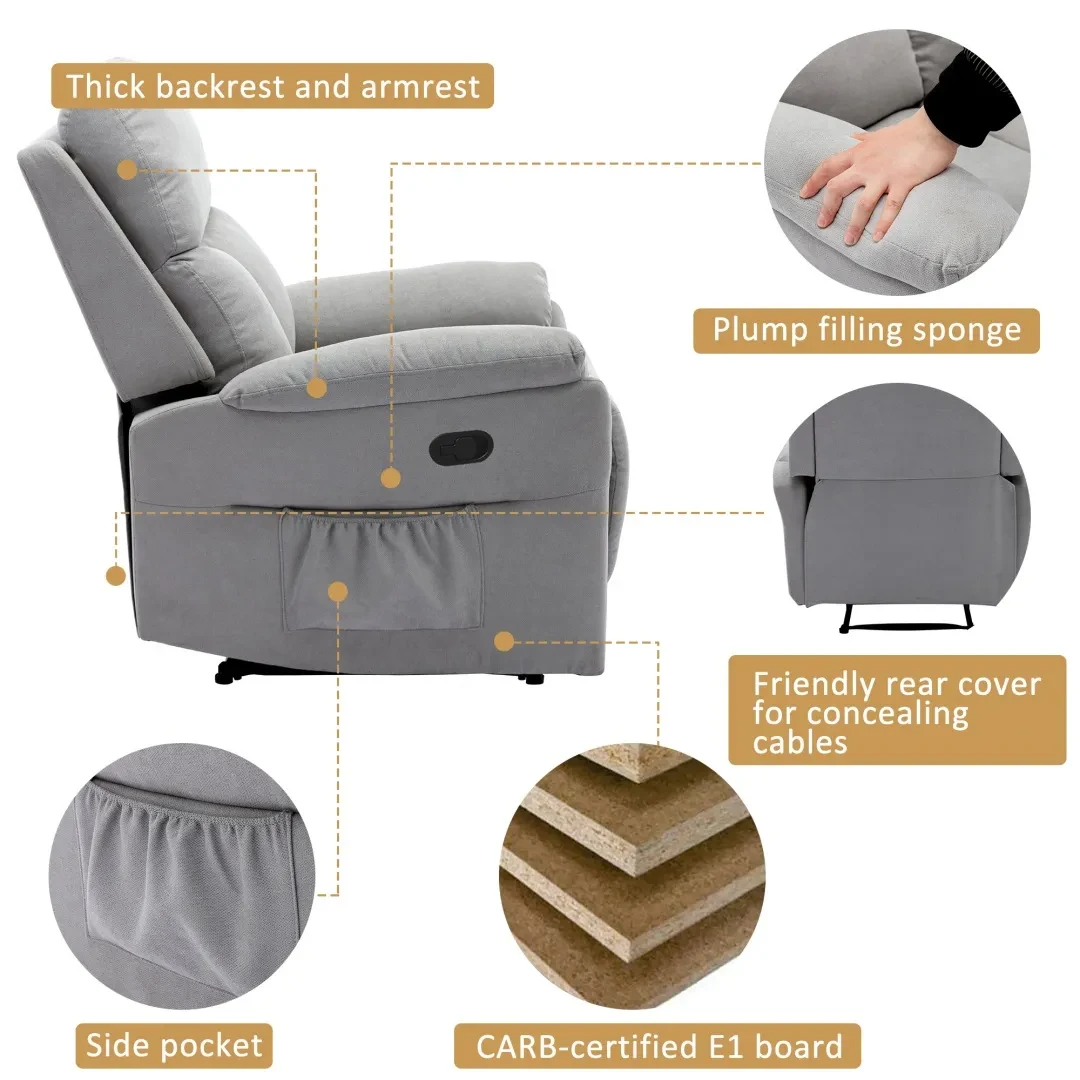 Recliner Chair For The Elderly, Fabric Upholstered Chair With Side Pockets, Recliner Armchair Adjustable For Living Room Bedroom,Gray
