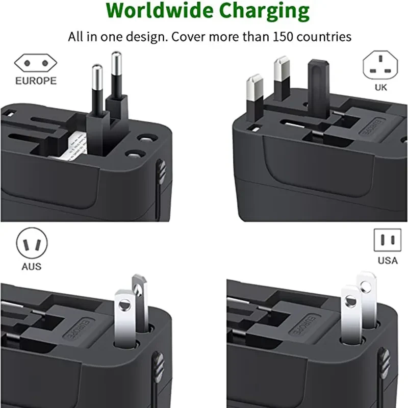 Travel Adapter With USB C, Universal All In One Worldwide Travel Adapter Power Converters Wall Charger AC Power Plug Adapter USB Type C Charging For USA EU UK AUS