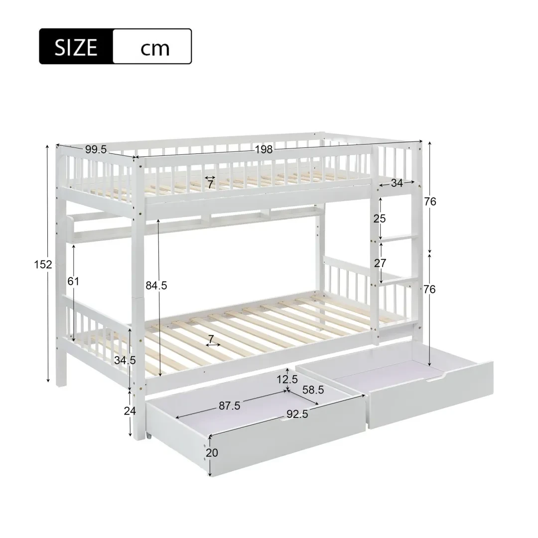 Bunk Bed, Kids Children, 3FT Solid Pine Wood Single Bed Frame & Under Bed Slide Drawer Storage, With Shelf, White 90x190cm