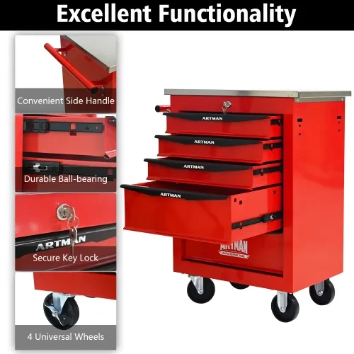 5 Drawers Multifunctional Tool Cart With Wheels,Metal Rolling Tool Cart Storage For Garage Workshop Warehouse Repair Shop--With Stainless Steel Roof--Red Black