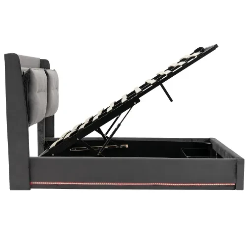 Upholstered Bed, 135x190 4ft6, Double Bed, Hydraulic Bed, 2-in-1 Storage Drawers At The End Of The Bed, Recessed LED Light Strips On Both Sides Of The Bed, Slatted Frame, Velvet,Dark Gray