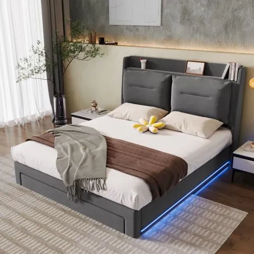 Upholstered Bed, 135x190 4ft6, Double Bed, Hydraulic Bed, 2-in-1 Storage Drawers At The End Of The Bed, Recessed LED Light Strips On Both Sides Of The Bed, Slatted Frame, Velvet,Dark Gray